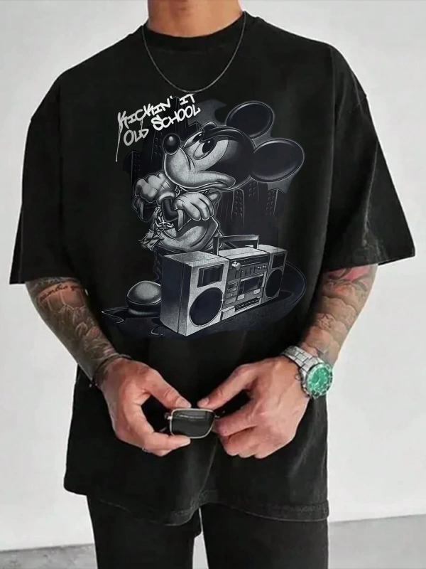 Disney Disney İşbirliği Mickey Mouse Karikatür Baskılı Kısa Kollu Tişört Erkekler İçin, Günlü