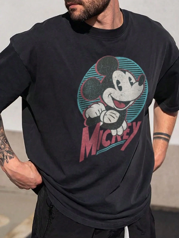 Disney Disney İşbirliği Mickey Mouse Karikatür Baskılı Kısa Kollu Tişört, Erkekler İçin Rahat