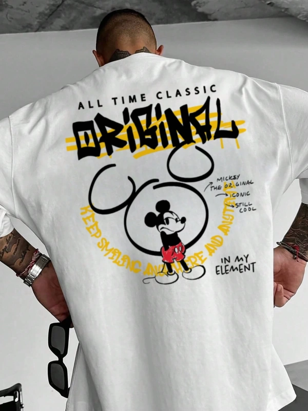 Disney Disney İşbirliği Mickey Mouse Rahat Karikatür Baskılı Kısa Kollu Tişört Erkekler İçin,