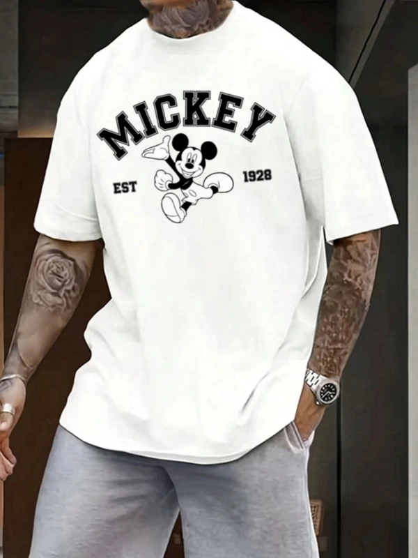 Disney Disney İşbirliği Mickey Mouse Rahat Karikatür Baskılı Kısa Kollu Tişört Erkekler İçin,