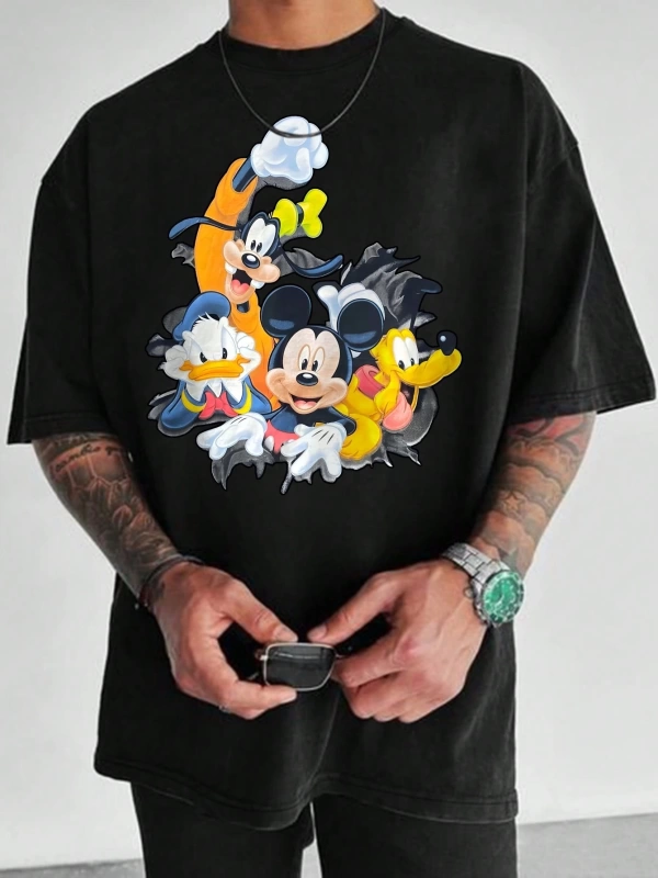 Disney Disney İşbirliği Mickey Mouse Rahat Karikatür Baskılı Kısa Kollu Tişört Erkekler İçin,