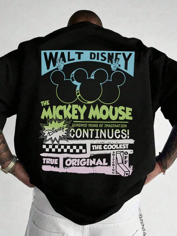 Disney Disney Mickey Mouse Çizgi Film Baskılı Kısa Kollu Rahat Tişört Erkekler İçin, Yaz