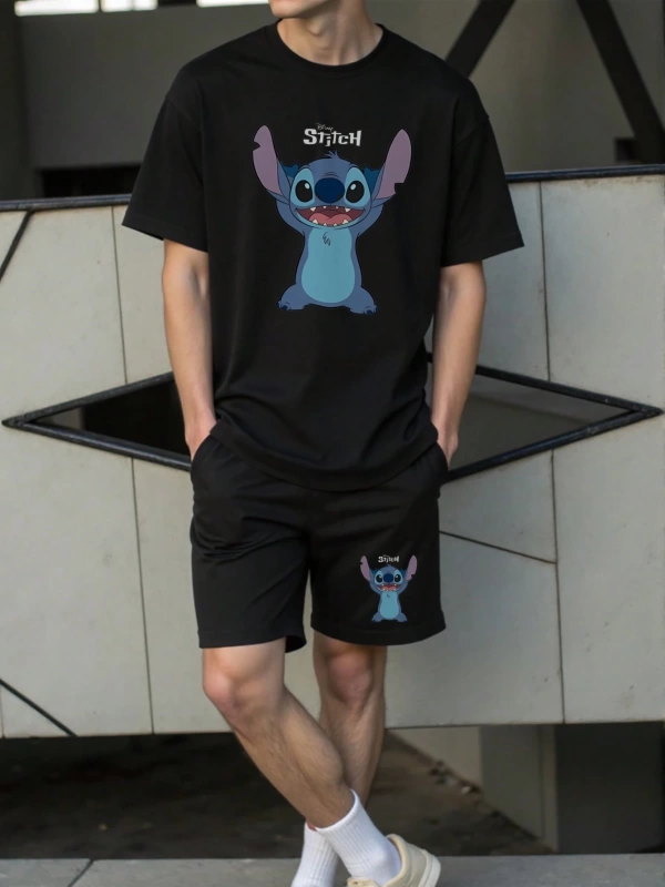 Disney Disney Stitch Karikatür Baskılı Erkek Rahat Kısa Kollu Tişört ve Şort Takımı,