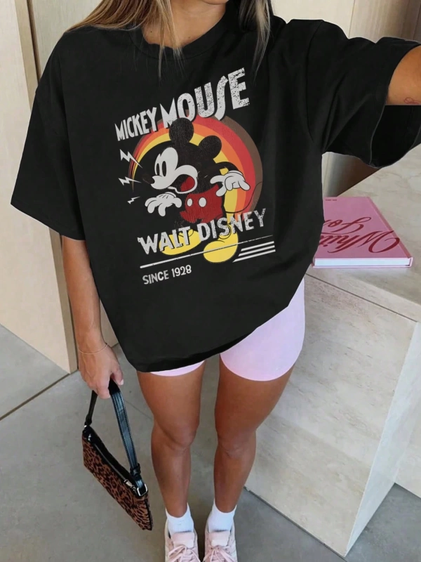 Disney Kadın Yaz Basit Sevimli Disney Çizgi Film Karakteri Baskılı Gü