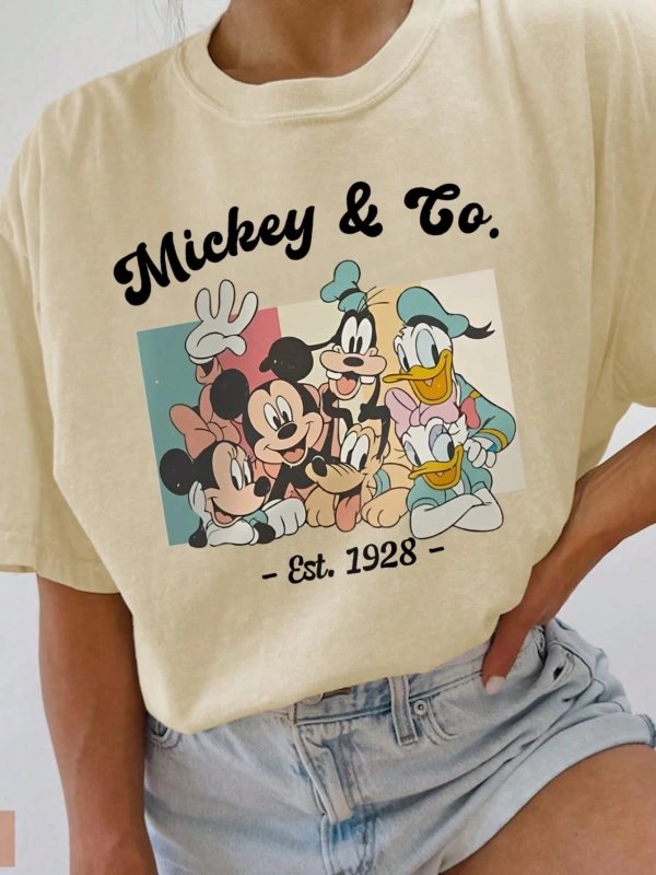 Disney Kadın Yaz Günlük Rahat Gevşek Yuvarlak Yaka Kısa Kollu Tişört Sevimli Disney Çizg