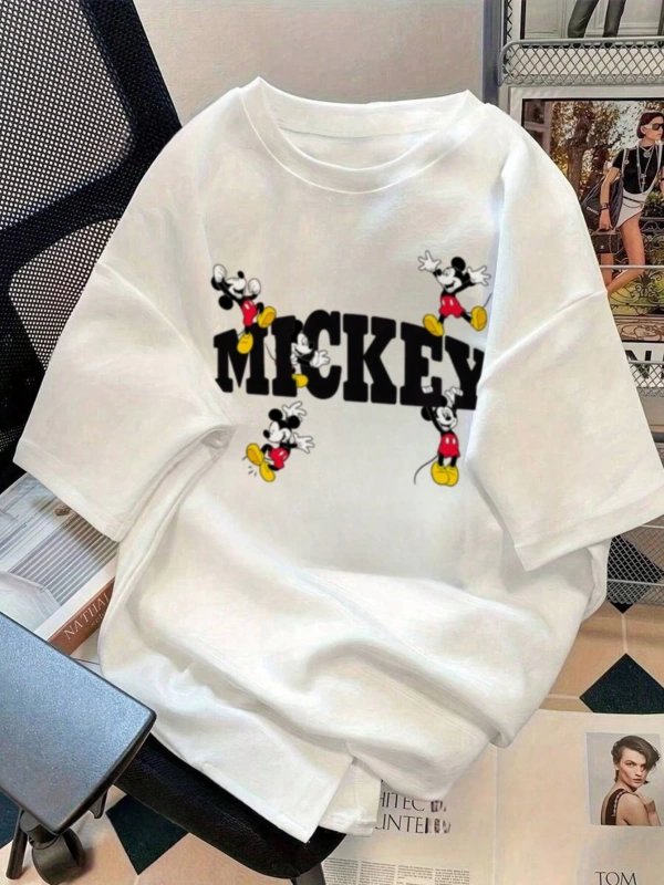 Disney Kadın Yaz Günlük Rahat Gevşek Yuvarlak Yaka Kısa Kollu Tişört Sevimli Disney Çizg