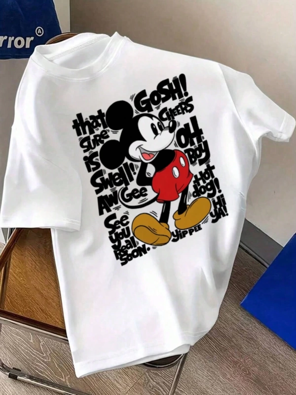 Disney Kadın Yaz Günlük Rahat Gevşek Yuvarlak Yaka Kısa Kollu Tişört Sevimli Disney Çizg