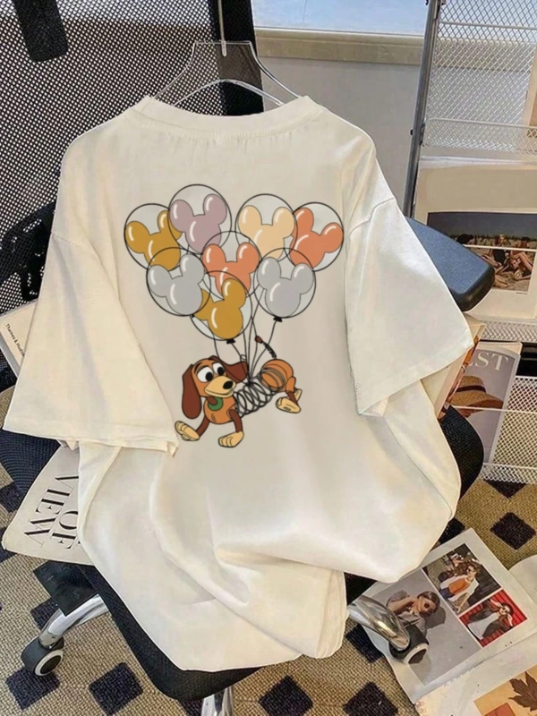 Disney Kadın Yaz Günlük Rahat Gevşek Yuvarlak Yaka Kısa Kollu Tişört Sevimli Disney Çizg