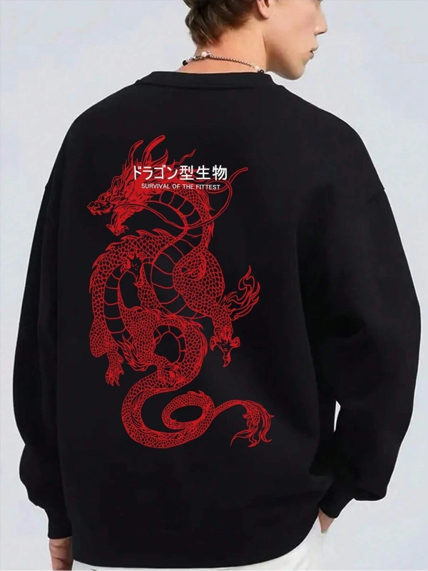 Dragon & Slogan Graphic Drop Shoulder Sweatshirt Siyah