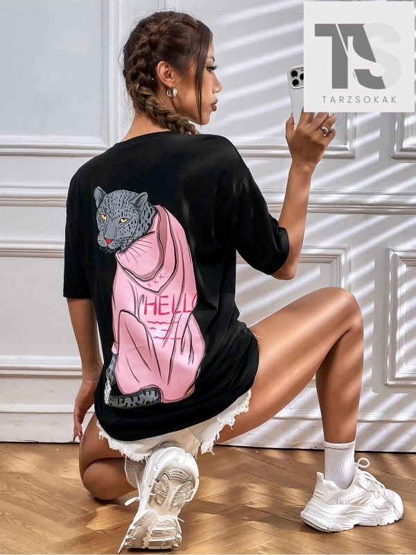 Elena Ilustra Karikatür Grafik Düşük Omuz Oversize Tişört