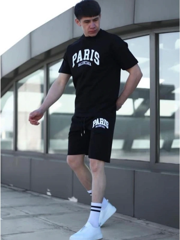Erkek Alt-üst Tshirt-şort Kombini Paris Baskılı Pamuklu Oversize Takım