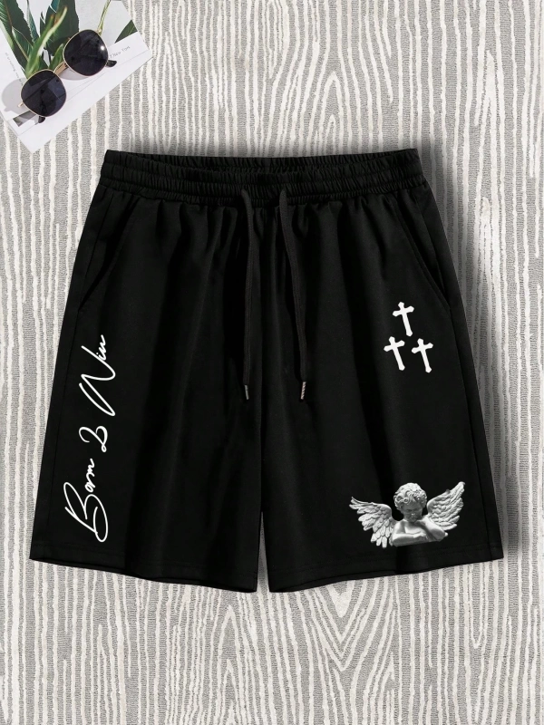 Erkek Angel & Letter Grafik Bağcıklı Bel Şortu