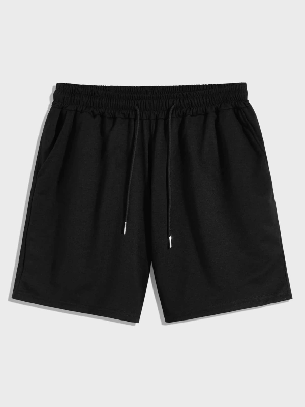 Erkek Bağcıklı Bel Düz Spor Şortu Sweat Düz Siyah Temel