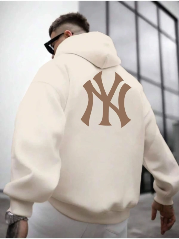 Erkek Bej Ön Arka NY Baskılı Kapüşonlu Sweatshirt onarkanysweatshirt Bej