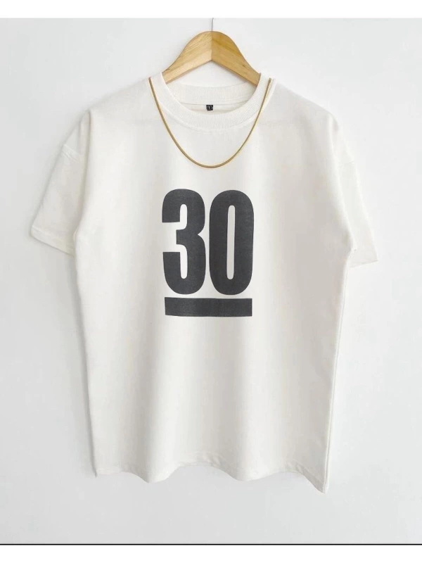 Erkek Beyaz 30 Baskılı Oversize Bisiklet Yaka Kısa Kollu T-shirt