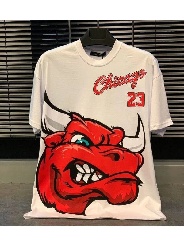 Erkek Beyaz Chicago 23 Baskılı Oversize Bisiklet Yaka Tshirt