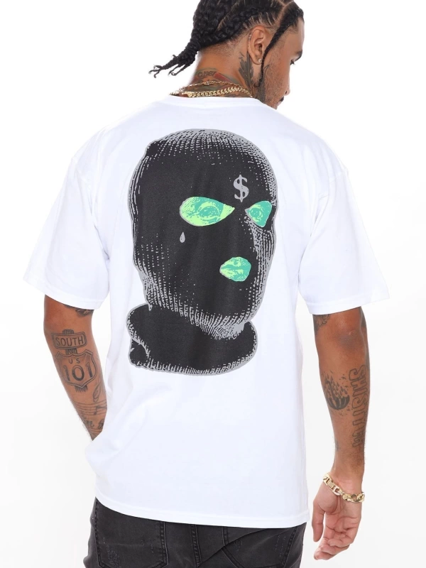 Erkek Beyaz Dirty Money Drill Sırt Baskılı Oversize Bisiklet Yaka T-shirt