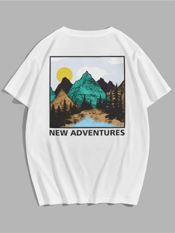 Erkek Beyaz Mountaın Baskılı Bisiklet Yaka Tshirt