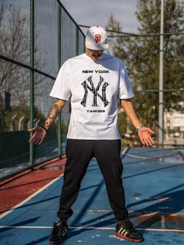 Erkek Beyaz Ny Baskılı Oversize Bisiklet Yaka Kısa Kollu T-shirt