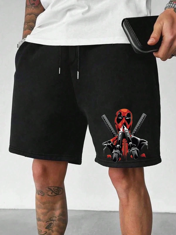 Erkek Bol Deadpool Gun & Smoke Baskılı Günlük Spor Şortları, Yaz