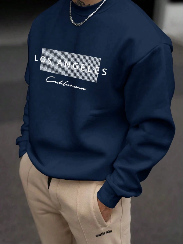 Erkek Bol Kesim Geometrik Baskılı Yuvarlak Yaka Günlük Sweatshirt, İlkbahar ve Sonbahar