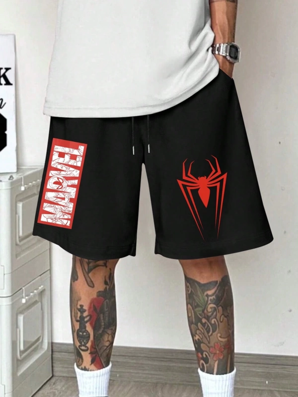Erkek Bol Kesim Marvel Spider-Man Logo Baskılı Günlük Spor Şort, Yaz