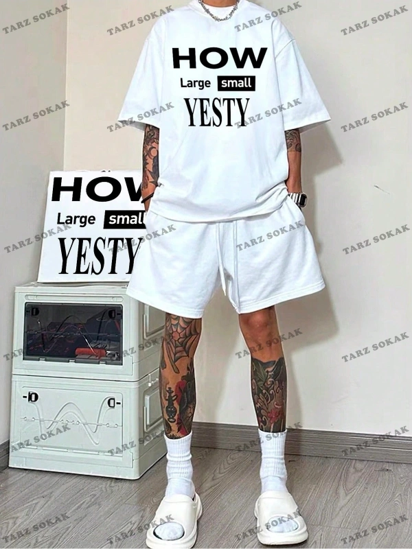 Erkek Bol Kesim Rahat Tişört Ve Şort Takım Harfli Baskılı