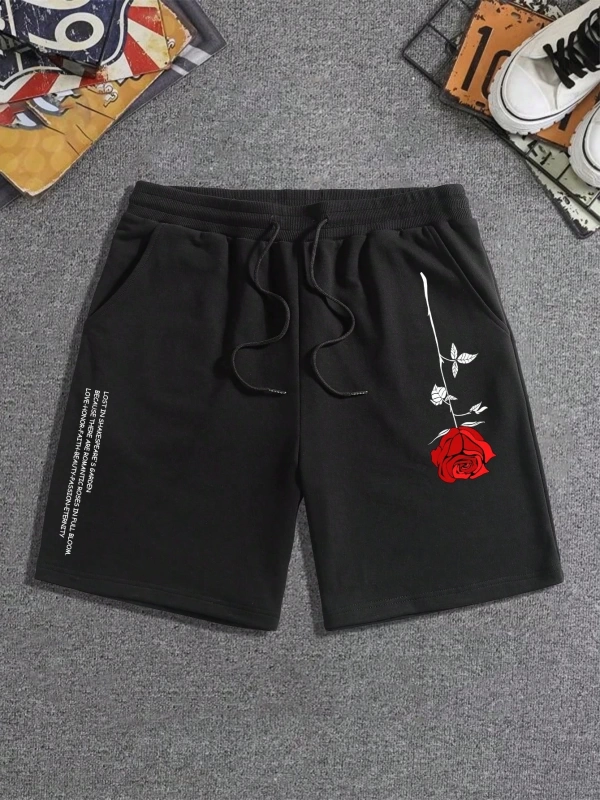 Erkek Çiçek Ve Slogan Baskılı Bağcıklı Bel Şortu Dışarı Çıkma Moda Bağcıkl