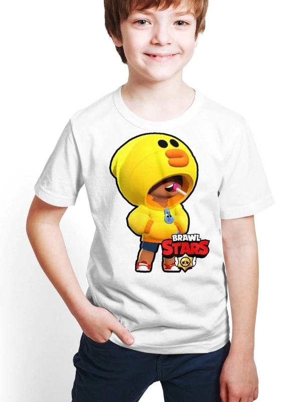 Erkek Çocuk Beyaz Brawl Stars - Leon - Dijital Baskılı T-shirt E-05