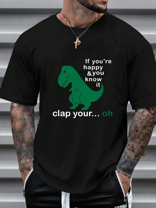 Erkek Dinozor Slogan Baskılı Yuvarlak Yaka Günlük Seyahat Tişörtü