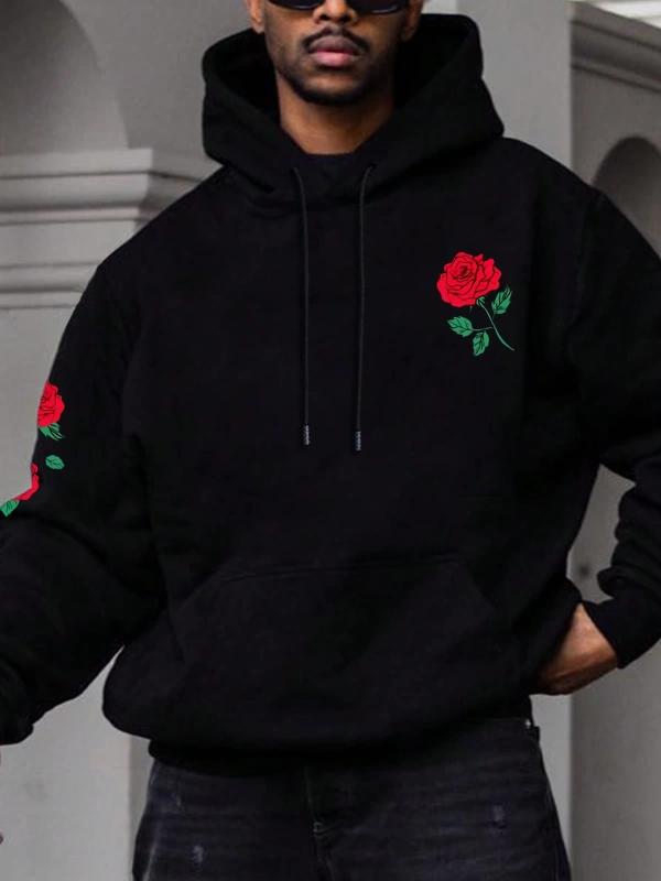 Erkek Düz Renk Düşük Omuz Bol Kesim Kapşonlu Sweatshirt Bağcıklı