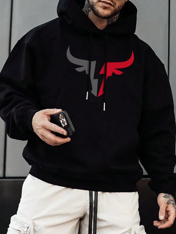 Erkek Düz Renk Düşük Omuz Bol Kesim Kapşonlu Sweatshirt Bağcıklı