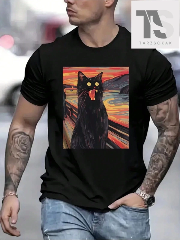 Erkek Eğlenceli Yağlıboya Desenli Kısa Kollu Tişört