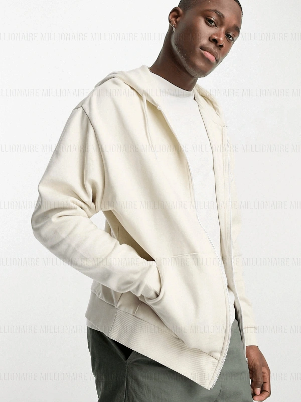 Erkek Ekru Kapüşonlu Fermuarlı 3 Üç İplik Polar Kanguru Oversize Salaş Sweatshirt Beyaz