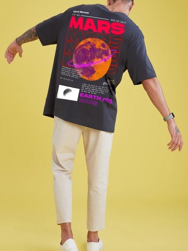 Erkek Gri Mars Sırt Baskılı Oversize T-shirt