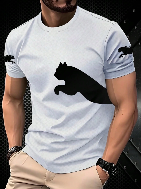 Erkek Günlük Kedi Baskılı Tişört - Kısa Kollu, Yaz Stili, Beyaz, Şık ve Çok Yönlü