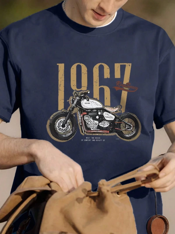 Erkek Günlük Motosiklet Baskılı Kısa Kollu Tişört