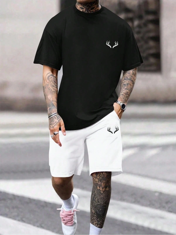 Erkek Günlük Seyahat Kısa Kollu Yuvarlak Yaka Tişört ve Şort Takımı