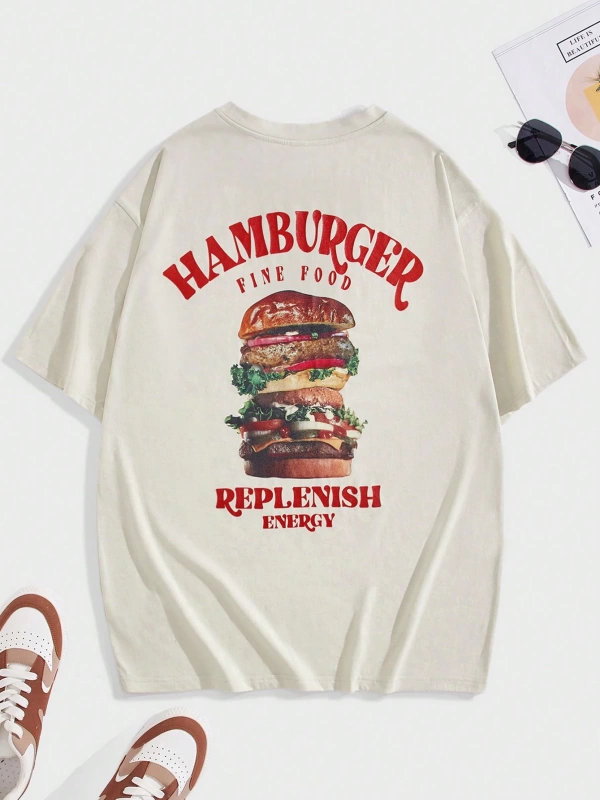 Erkek Hamburger & Harf Grafikli Düşük Omuzlu Büyük Boy Tişört