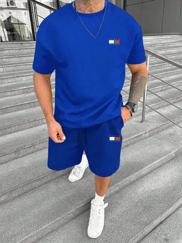 Erkek Harfli Grafik Tişört ve Yaz İçin Bağcıklı Bel Şortu