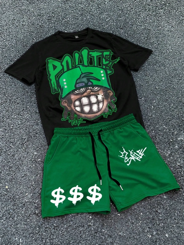 Erkek Hip Hop Karakter Portre Baskılı Tişört Ve Kontrast Renkli Bağcıklı Şort