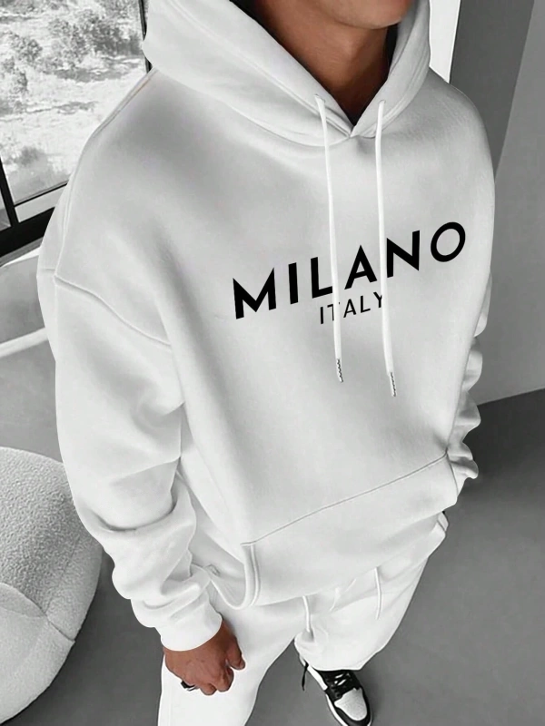 Erkek İtalyan Yaratıcı Baskılı Günlük Çok Yönlü Harfli Kapşonlu Sweatshirt Termal Astarlı