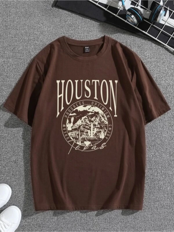 Erkek Kahverengi Houston Baskılı Bisiklet Yaka Tişört