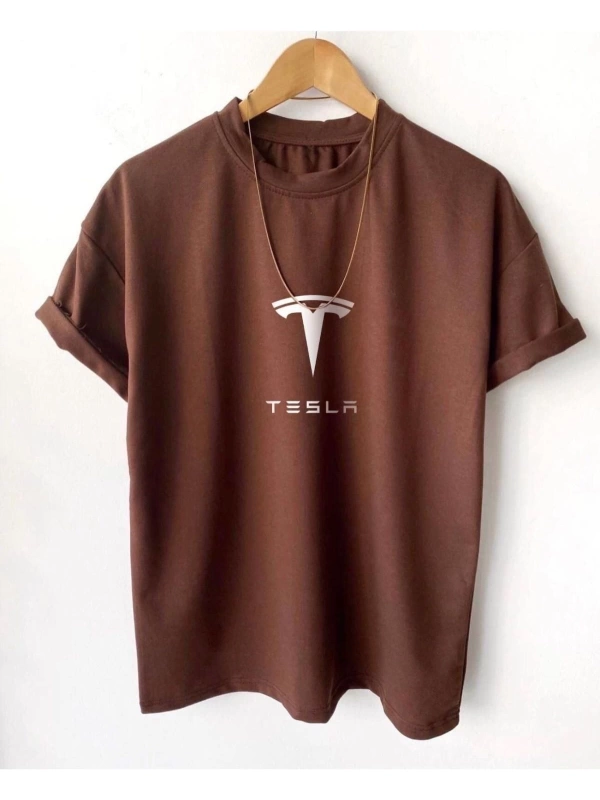 Erkek Kahverengi Tesla Baskılı Tshirt