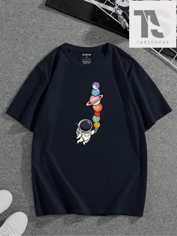 Erkek Karikatür Astronot Baskılı T-shirt