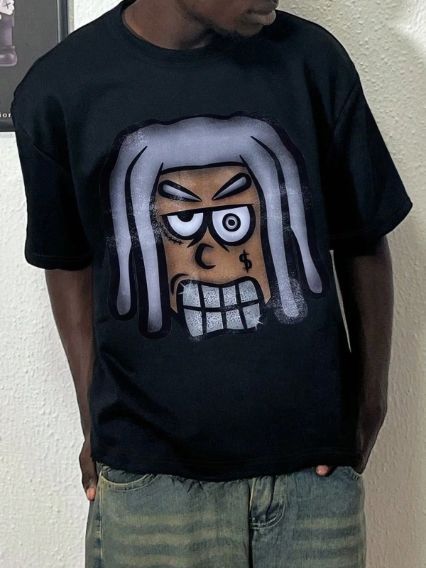 Erkek Karikatür Grafik Yuvarlak Yaka Rahat Kısa Kollu Tişört