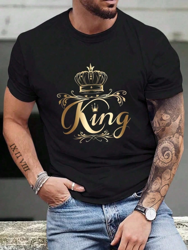 Erkek King Baskılı Mürettebat Yaka Kısa Kollu Tişört, Günlük Yaz Üstü, Arkada