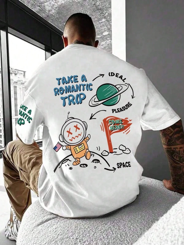Erkek Komik Graffiti Karikatür Baskılı Bol Kesim Kısa Kollu Tişört, Erkek Ark