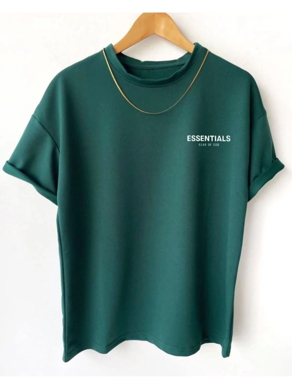 Erkek Koyu Yeşil Essentials Baskılı Oversize Bisiklet Yaka Kısa Kollu T-shirt