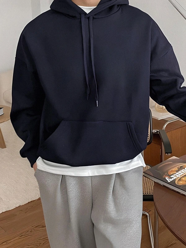 Erkek Lacivert Düz Kapüşonlu Oversize 3 iplik Şardonlu Salaş Bol Kesim Hoodie Swe Lacivert